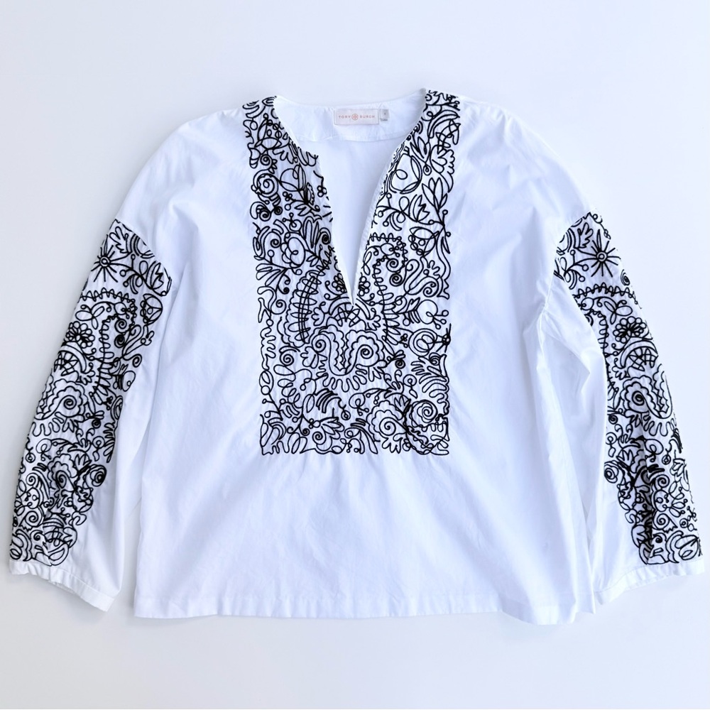 Tory Burch Embroidered White Cotton Poplin Top with Black Embroidery Size 6